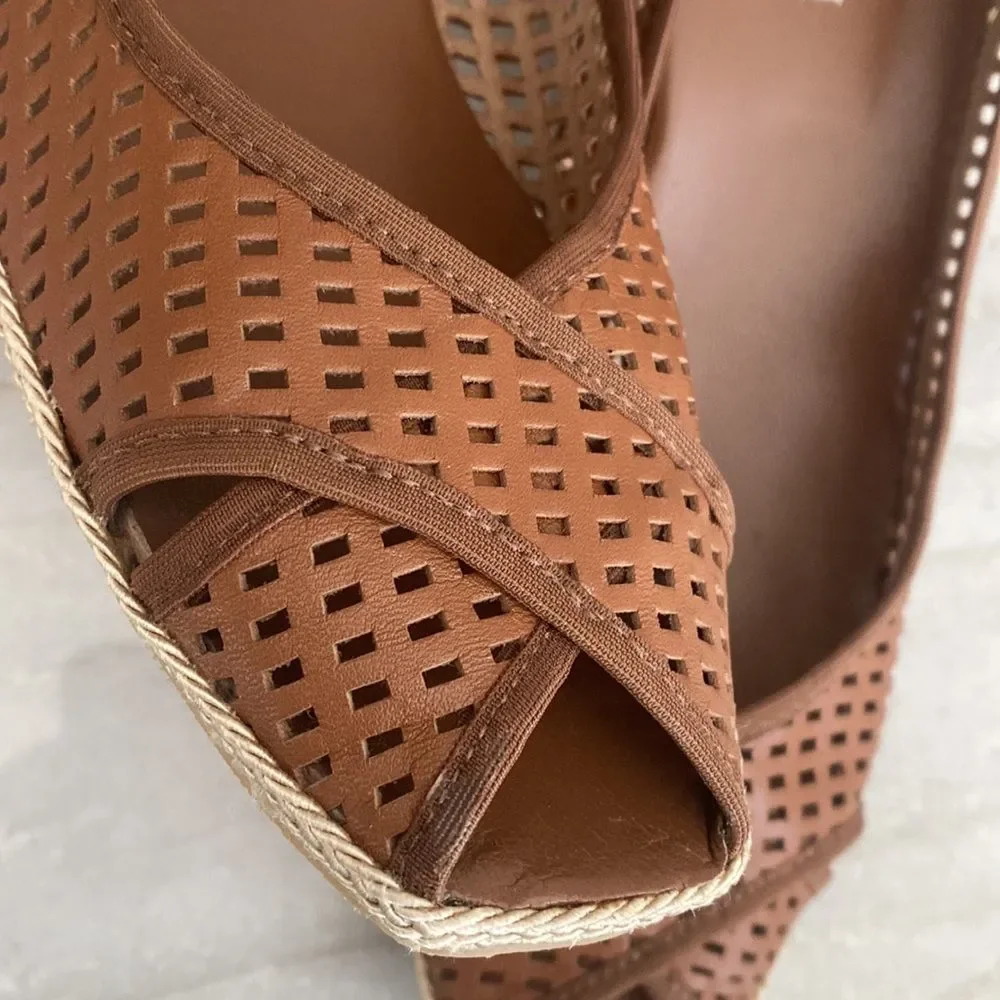 Sesto Meucci Brown Leather Woven Wedge Open-Toe Sandals Sz 9 Narrow